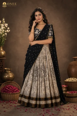 Black kalamkari lehenga set with ivory printed skirt and gold zari border – ONEE Luxury Lehengas