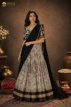 black lehanga 1.2 Black kalamkari lehenga set with ivory printed skirt and gold zari border – ONEE Luxury Lehengas