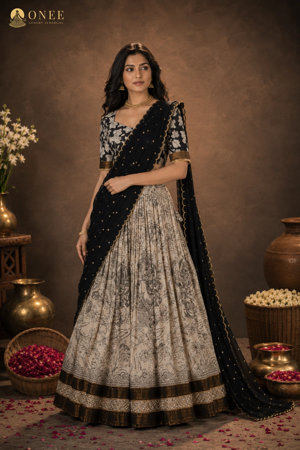 Black kalamkari lehenga set with ivory printed skirt and gold zari border – ONEE Luxury Lehengas