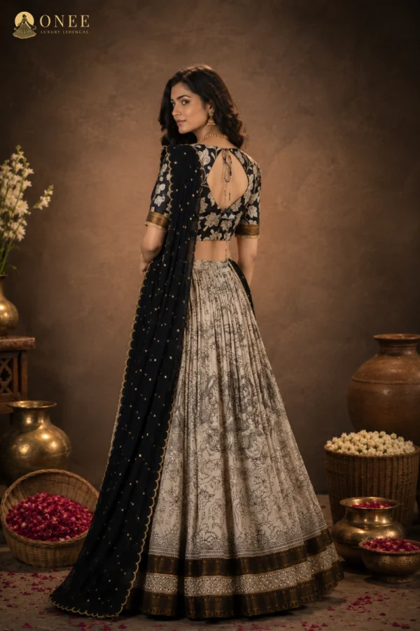 black lehanga 1.3 Black dupatta with gold mukaish sequin work – ONEE luxury lehenga set