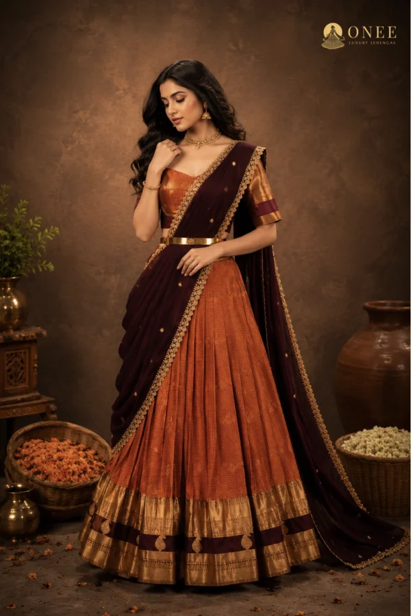 brown lehanga 2 ONEE copper silk bridal lehenga with brown zari dupatta and gold kamarband