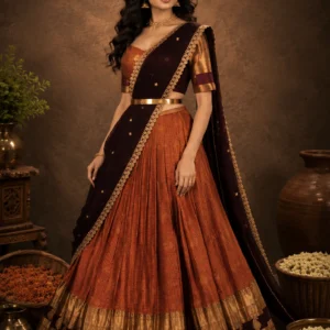 Terracotta semi pattu lehenga with brown dupatta and gold zari border – ONEE Luxury Lehengas