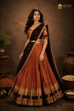 brown lehanga 2.1 Terracotta semi pattu lehenga with brown dupatta and gold zari border – ONEE Luxury Lehengas