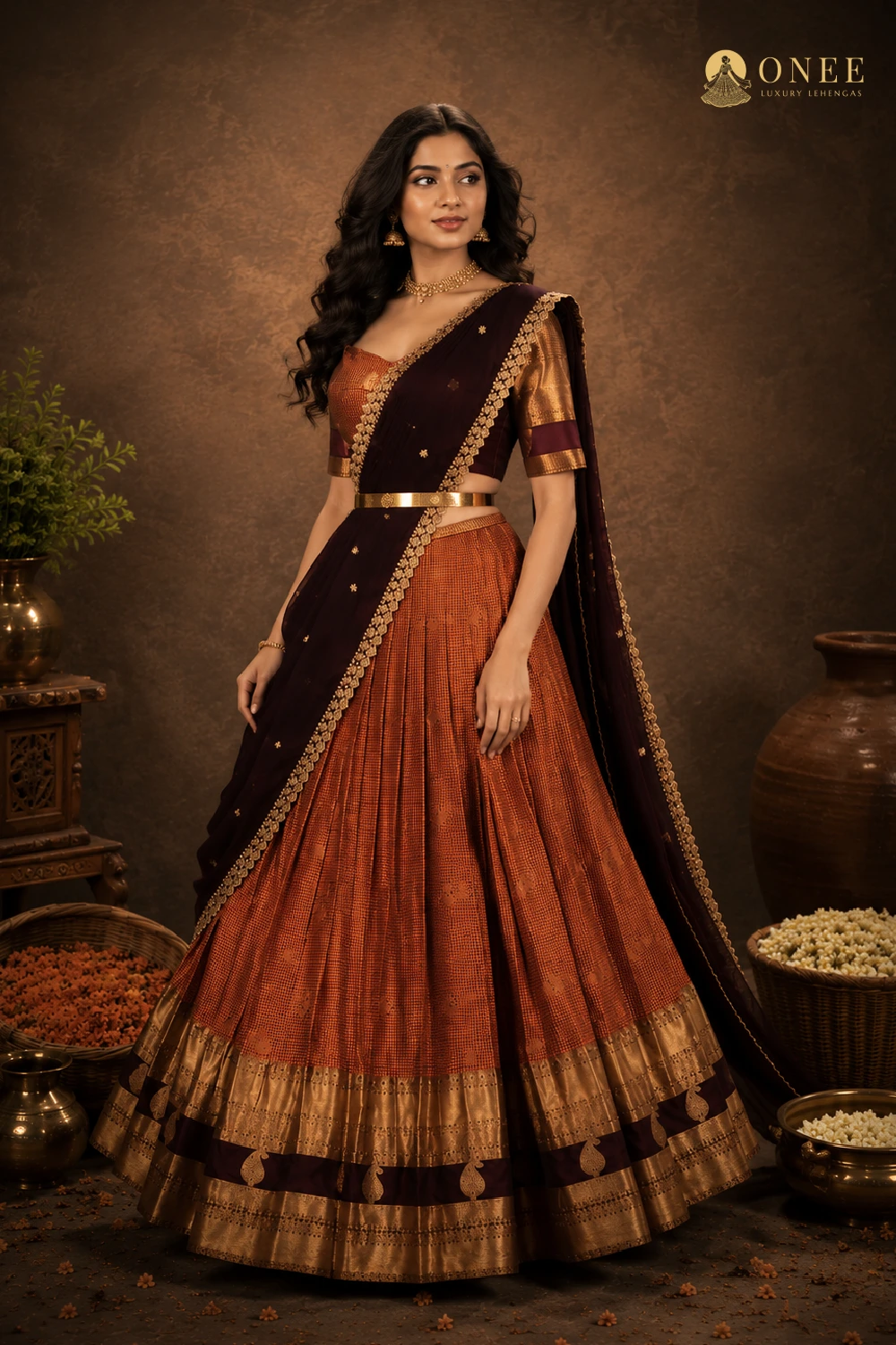 Terracotta semi pattu lehenga with brown dupatta and gold zari border – ONEE Luxury Lehengas