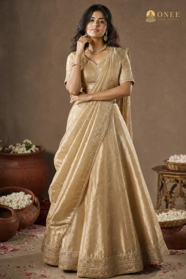 gold lehanga 5 ONEE gold tissue silk bridal lehenga with matching dupatta and embroidered hem