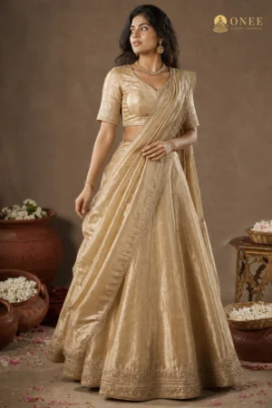 gold lehanga 5.1 gold tissue lehenga with embroidered border – ONEE Luxury Lehengas