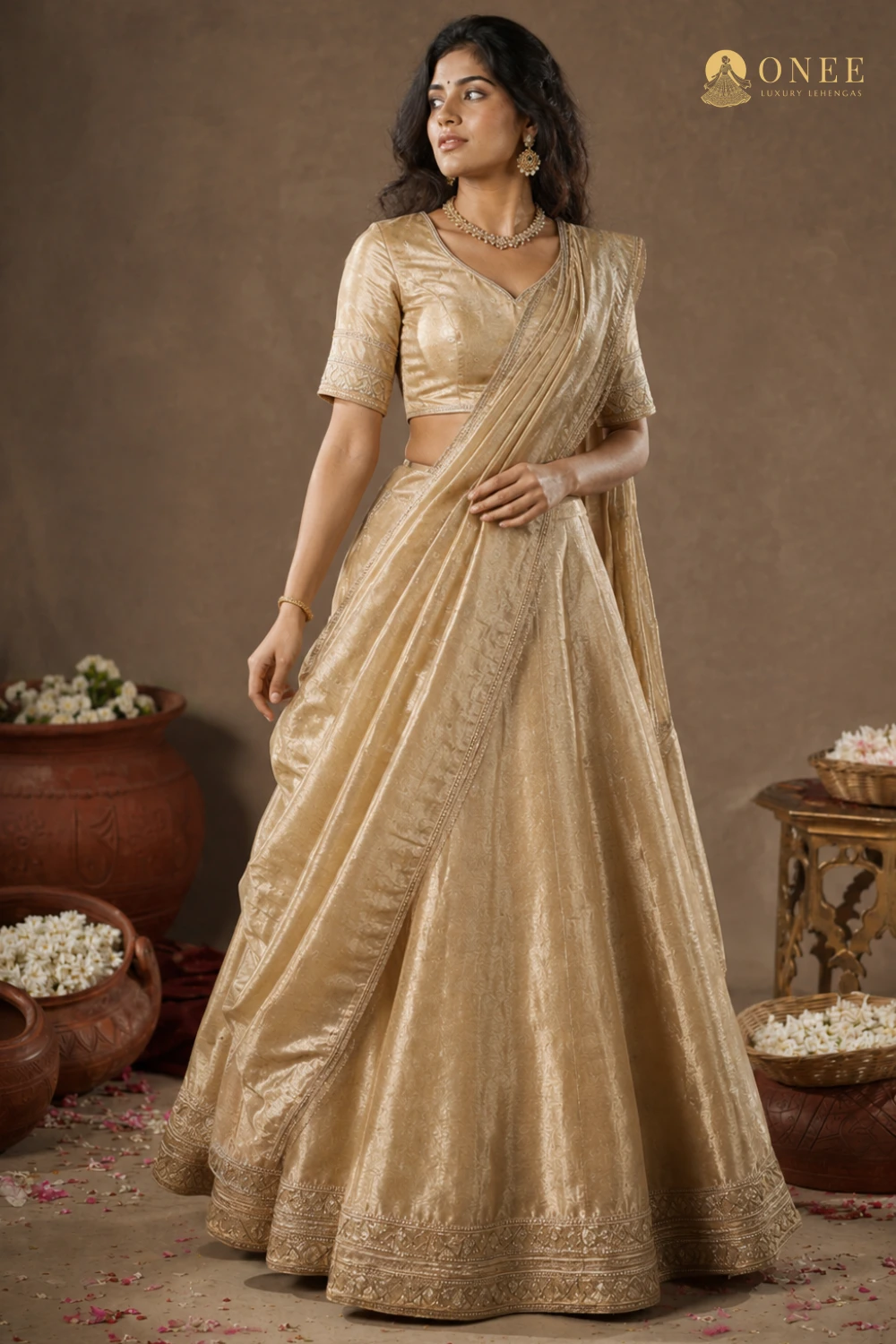 gold tissue lehenga with embroidered border – ONEE Luxury Lehengas