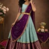 Sky blue semi pattu lehenga with purple dupatta and gold zari border – ONEE Luxury Lehengas
