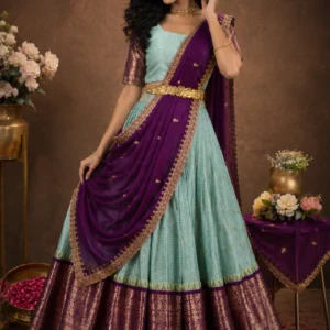 Sky blue semi pattu lehenga with purple dupatta and gold zari border – ONEE Luxury Lehengas