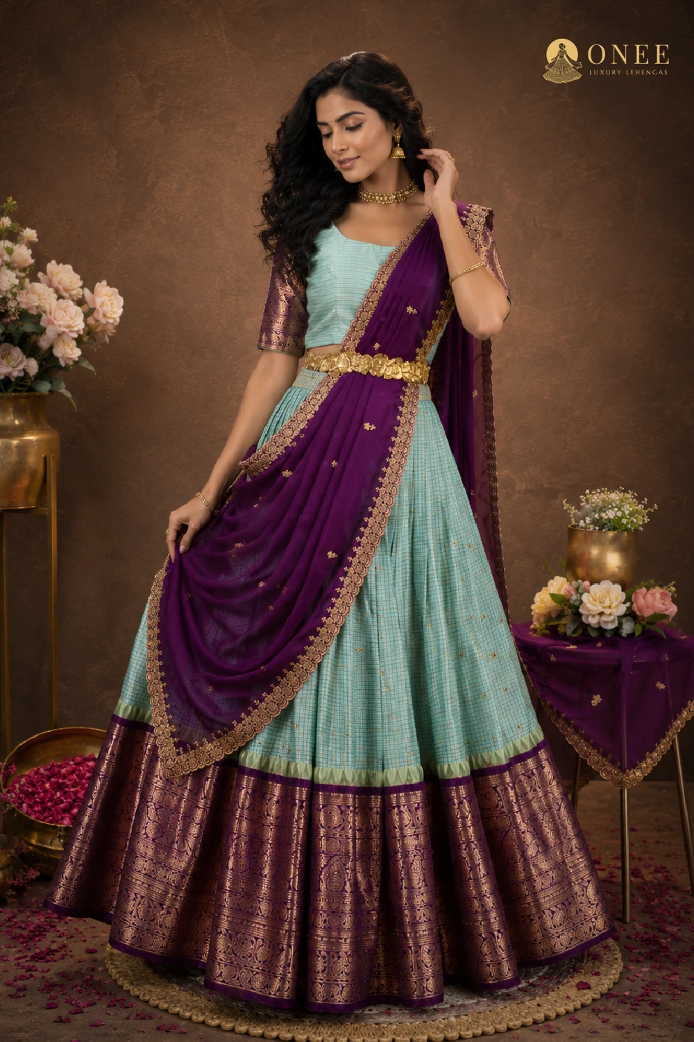 Sky blue semi pattu lehenga with purple dupatta and gold zari border – ONEE Luxury Lehengas